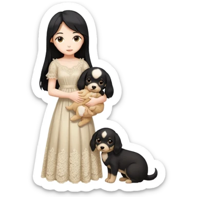 Pastel anime lady long hair with long lace dress full body holding puppy sticker
