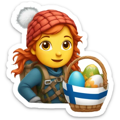 red hair female winter mountaineer climbing with Easter eggsbasket and Greek flag sticker