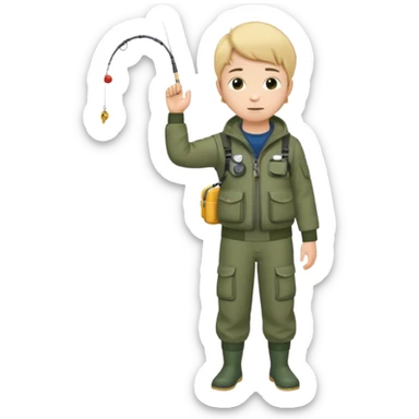 Boy in fishing suit looking at his wristwatch, full body sticker