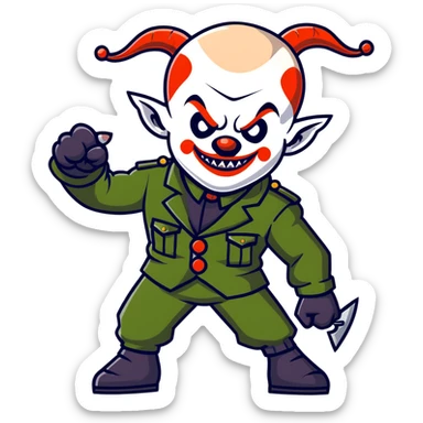 evil clown warrior, bald, short goat-like horns on forehead, fangs, pointed ears, black and military green leisure suit, battle-ready fighting posture sticker