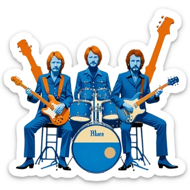 Icon for Blues Rock: collage of the band Cream, with silhouettes of the members (Eric Clapton, Jack Bruce, Ginger Baker) and symbolic items like guitars, drums, and bass. The design should convey the powerful, energetic vibe of the band's music. Transparent background. sticker