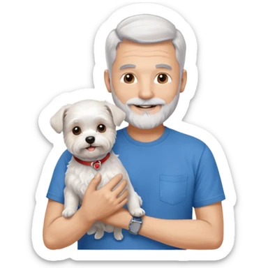 handsome gentleman, 60 years old, crew cut silver hair, full beard, wearing a blue t-shirt, smiling and holding a maltese dog sticker
