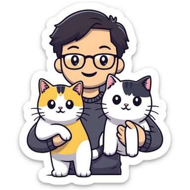Young man with warm yellow-toned skin, long face, black back-length hair, large eyes, thin-rimmed square glasses, smiling gently while holding a grayish-white Munchkin cat with short legs and a gray patch under its mouth sticker