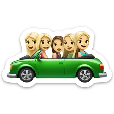 Two Caucasian blonde girls and two Caucasian brunette girls driving a green volkswagen convertible sticker
