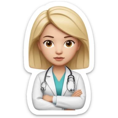 3D memoji style female doctor in medical coat, arms crossed, serious but calm expression, slightly raised eyebrow, professional look, centered, isolated, PNG, transparent background sticker