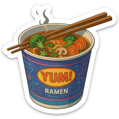 cyberpunk futuristic, scifi, a bowl of delicious veggie , ramen, 1990s, paper cup, classic style branding, with chopsticks, empty background, brand name: YUM! sticker