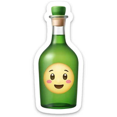 A clean, cute emoji-style green soju bottle, small Korean soju bottle with green glass, simple label in Korean style, minimal flat design, soft shading, centered, white or transparent background, high contrast, rounded friendly emoji look, 1:1 aspect ratio, app icon style sticker