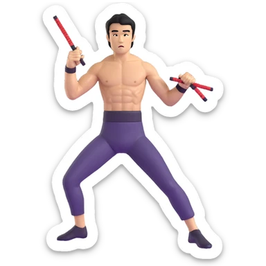 Bruce Lee with nunchaku, martial arts pose, shirtless with toned muscles sticker
