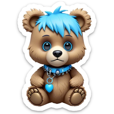 3D, adorable little Pixar style blue neon punk bear with broken toy, ultra detailed, each lash, eye, and strand of fur is shown in stunning detail as though captured in a timeless photograph, rich textures, visually rich, so lifelike it feels like it could leap off the page at any moment sticker