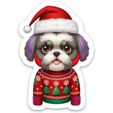 dark grey shih tzu christmas sweater and hat sticker