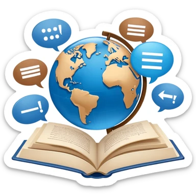 An icon showing a globe surrounded by speech bubbles with greetings in different languages, like 'Hello,' 'Hola,' and 'Bonjour.' The design includes an open book and a quill, symbolizing learning and communication. Transparent background emphasizes global connection through language. sticker