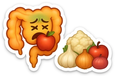 EMOJI STILE IPHONE DI UN INTESTINO UMANO IN CRISI PERCHé STA MALE, IN BOCCA HA UNA MELA E DAVANTI A LUI C'è UNA MONTAGNA DI aglio, cipolle, cavolfiore e mele sticker