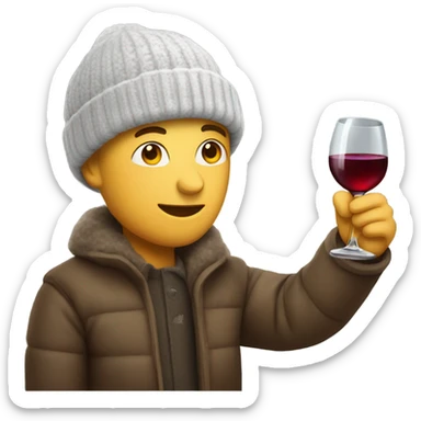 White man with a glass of wine and a winter hat sticker