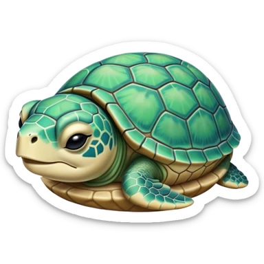 Meme-Worthy Cute Sleeping Sea Turtle Portrait Emoji, Head resting peacefully with a contented smile, showcasing a stately, patterned shell and a smooth, ancient body with eyes gently closed in serene slumber, Simplified yet adorably endearing features, highly detailed, glowing with a soft, drowsy oceanic light, high shine, relaxed and utterly lovable, stylized with an air of playful laziness, soft glowing outline, capturing the essence of a sleeping sea turtle that feels destined to become the next viral icon of adorable rest! sticker