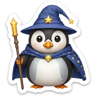 chubby penguin wizard with a starry cloak and a wand, emoji style sticker