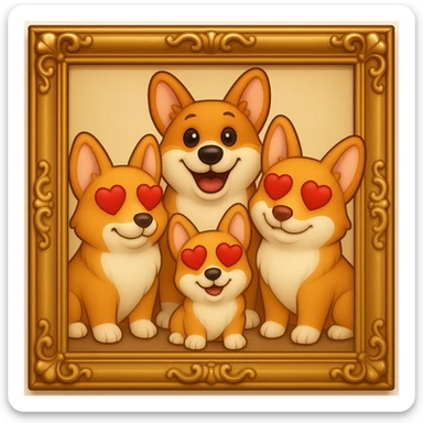 Make the lines and style of the corgi family photo match the 3D emoji look and line quality of the reference image, with smooth, soft shading and a playful, expressive feel. Keep the family photo in a gold ornate frame. The style should resemble the 3D emoji style with smooth and soft shading, playful and expressive. sticker