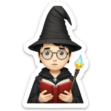 ["A sad boy with light skin, straight hair, wearing a wizard hat and round glasses, dressed in punk fashion, is reading a book while holding a phone."] sticker