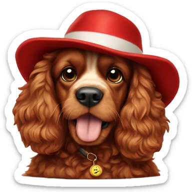 Red fur cocker spaniel in chew year hat. Full lenght sticker