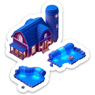 Exterior of a magical farm with glowing blue and purple plants, enchanted pipes pulsing with light, mystical aura around the fields sticker