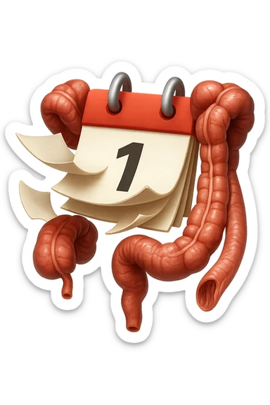 emoji stile iphone di un calendario con fogli che volano insieme a pezzi anatomici di colon umano, iperrealistico 4k, isolato su sfondo bianco sticker