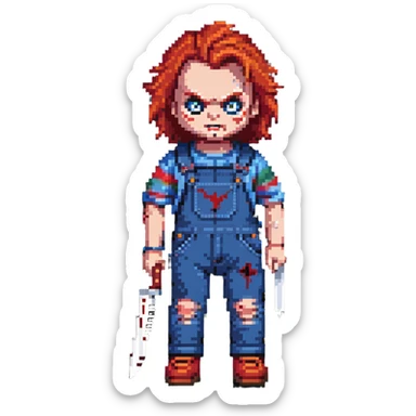 Chucky doll from Child's Play horror movie with red hair, scarred face, blue overalls and a knife sticker