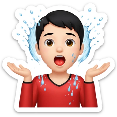 a peach splashing water in boy's mouth above his head with black hair and red dress sticker