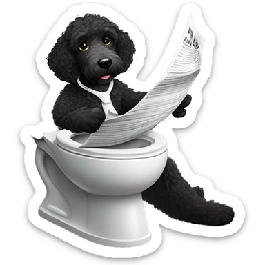 Emoji of a black Labradoodle with white spots on its chin and chest, sitting on a toilet, holding a newspaper in its front paws, looking relaxed and playful sticker