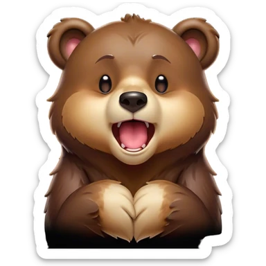 Cinematic Cute Yawning Bear Portrait Emoji, Head tilted slightly with a dramatic, wide-open yawn, showcasing a soft, plush dark brown fur with drooping ears, round eyes barely open in drowsy contentment, Simplified yet irresistibly adorable features, highly detailed, glowing with a soft, cozy glow, high shine, relaxed yet expressive, stylized with a touch of woodland charm, bright and endearing, soft glowing outline, capturing the essence of a sleepy yet affectionate bear, so drowsy it feels like it could lumber out of the screen and curl up for a nap! sticker
