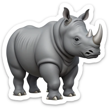 cinematic-rhino-full-body-standing-emoji,slate grey skin -massive-body-poised-powerfully,-thick-horn-curving-slightly-forward,-head-tilted-dramatically,-rough-grey-hide-covered-in-dust,-simplified-focused-features, sticker