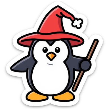 wizard penguin wearing a pointy wizard hat and holding a magic wand sticker