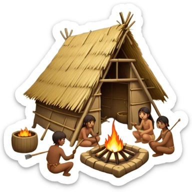 Primitive tribe building a settlement. Huts made of wood and straw, people using basic tools, fire pits, and a dense forest surrounding them sticker