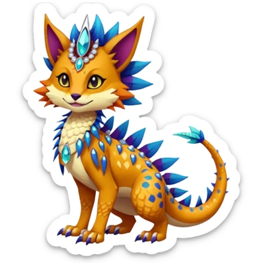 Kawaii cute dark deep colorful warm-colored exotic tropical beautiful pretty elegant divine edgy feline-vernid-sergal-Fakémon-Pokémon-fursona-animal-creature with accessories, jewelries, full body, with intricate detailed markings, spikes, crystals, fins, scales, headdress sticker