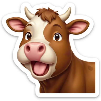 Cinematic Cute Yawning Brown Cow Portrait Emoji, Head tilted slightly with a dramatic, wide-open yawn, showcasing a smooth, rich brown hide with a subtle shine, floppy ears slightly drooping, round brown eyes barely open in drowsy contentment, Simplified yet irresistibly adorable features, highly detailed, glowing with a soft, cozy glow, high shine, relaxed yet expressive, stylized with a touch of pastoral whimsy, bright and endearing, soft glowing outline, capturing the essence of a sleepy yet affectionate cow, so drowsy it feels like it could amble right out of the screen and curl up for a nap! sticker