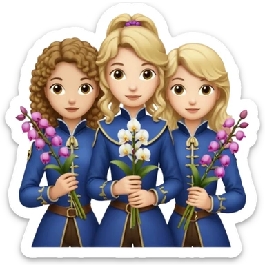 3 female musketeers, oneceith brown curly hair, one with straight blond hair, one eith blond hair on pony tail, all holding orchids sticker