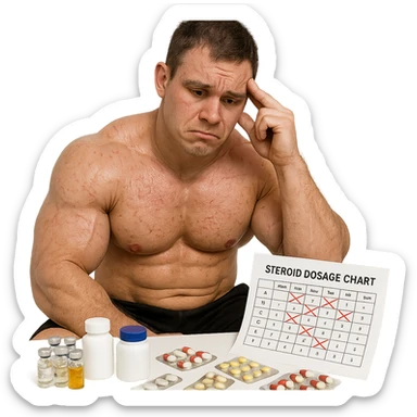 realistic beginner bodybuilder with swollen muscles but marked skin, surrounded by various drugs, dosage chart with errors, regretful expression, white background, 4K quality sticker