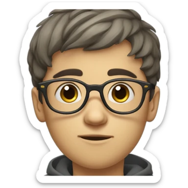 Russian boy in glasses with short dark bangs wearing glasses and a stupid look sticker