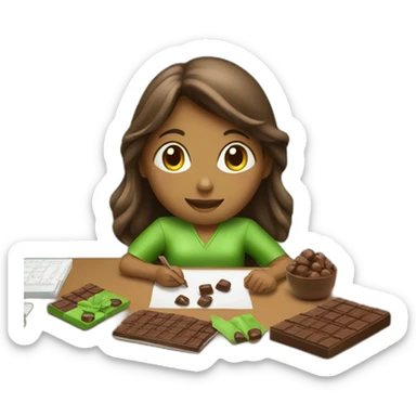 Girl with sitting at a desk wrapping chocolate candies with solid green background sticker