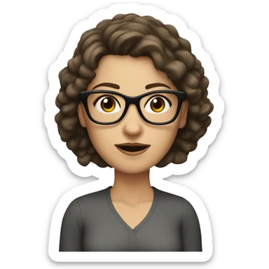 white woman with short, dark, poofy brown hair and black glasses sticker