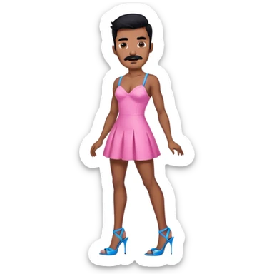 Man in a pink mini dress and blue strappy high heels with black hair and black mustache and brown skin sticker