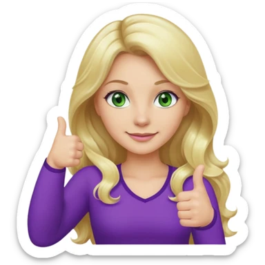 lady with long wavy blonde hair, purple top, green eyes, one thumb up sticker