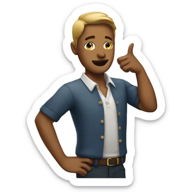 man pointing at his ear sticker