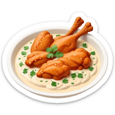 Butter Chicken Cinematic Realistic Butter Chicken Dish Emoji, depicted as tender chicken pieces sliced up and bathed in a creamy white sauce garnished with fresh cilantro, rendered with rich textures and vibrant, appetizing lighting. sticker
