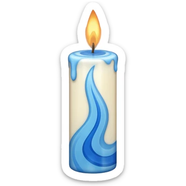 white candle with a blue swirl sticker