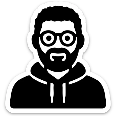 Make the icon look like the person in the reference photo: round glasses, short curly dark hair, full dark beard, olive hoodie, friendly expression in solid black icon style. Keep transparent background. sticker