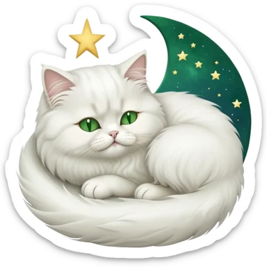 White Persian cat with green eyes sleeping on crescent moon  sticker