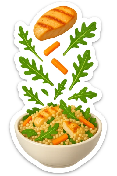 EMOJI STILE IPHONE DI Insalata di quinoa e pollo con rucola e carote che cade verticalmente dall'alto, iperrealistica 4k sticker