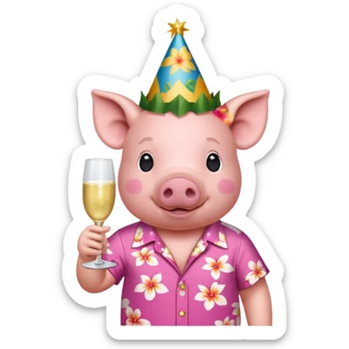 Pig with aloha shirt, birthday hat, champagne glass sticker