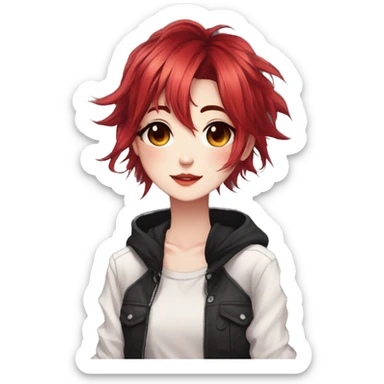 Gorgeous anime style tomboy with blushing face aesthetic and pretty edgy black red punk hair with hair garment trending style sticker
