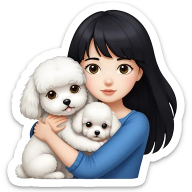 A beautiful girl with long black hair and bangs hugs a super small Bichon Frise sticker