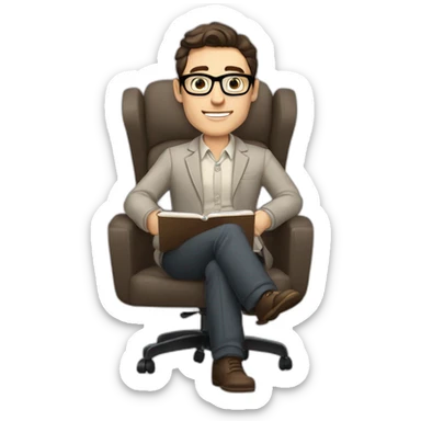 Pale skinned Fit Man With dark brown hair in gray jacket, beige office shirt and vintage glasses sitting In a soft chair with a notebook with emblem Ψ and a pen in his hands sticker